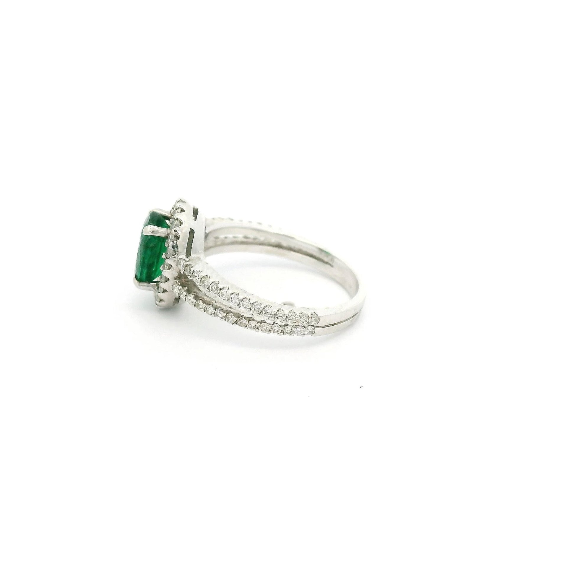 Oval Cut Emerald Ring With Diamond Halo & Diamonds Down Split Shank - Forever Rox Fine Jewelry