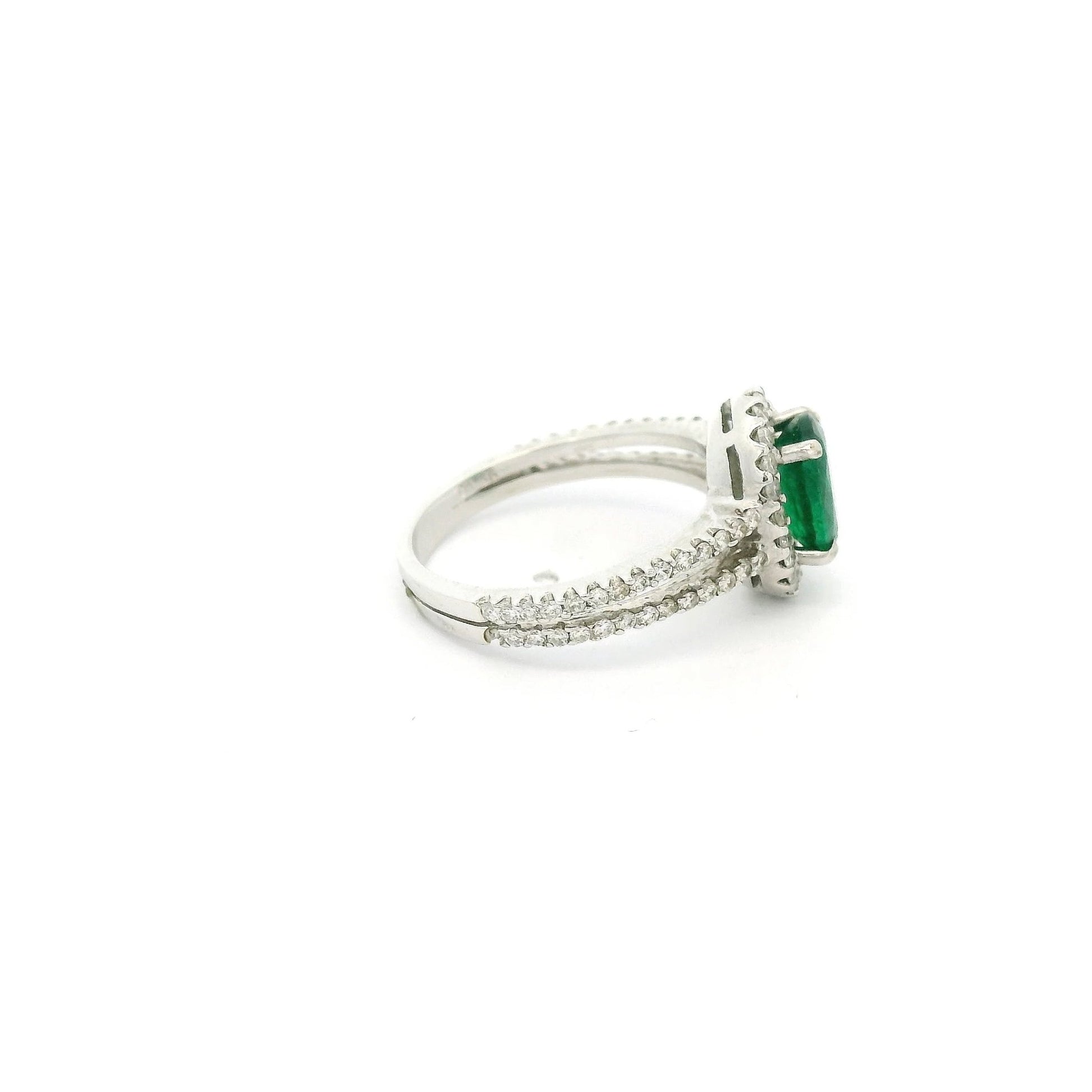Oval Cut Emerald Ring With Diamond Halo & Diamonds Down Split Shank - Forever Rox Fine Jewelry