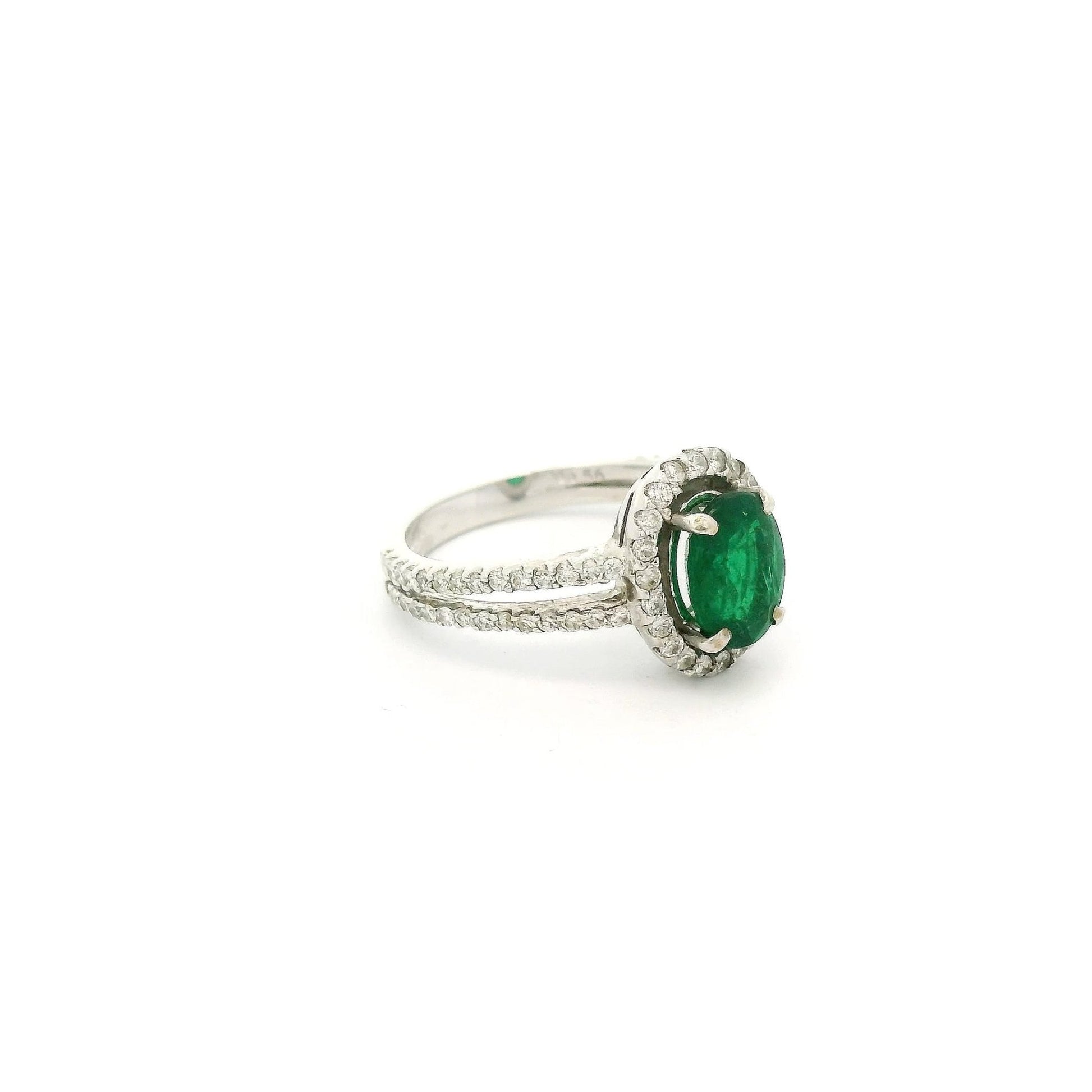 Oval Cut Emerald Ring With Diamond Halo & Diamonds Down Split Shank - Forever Rox Fine Jewelry