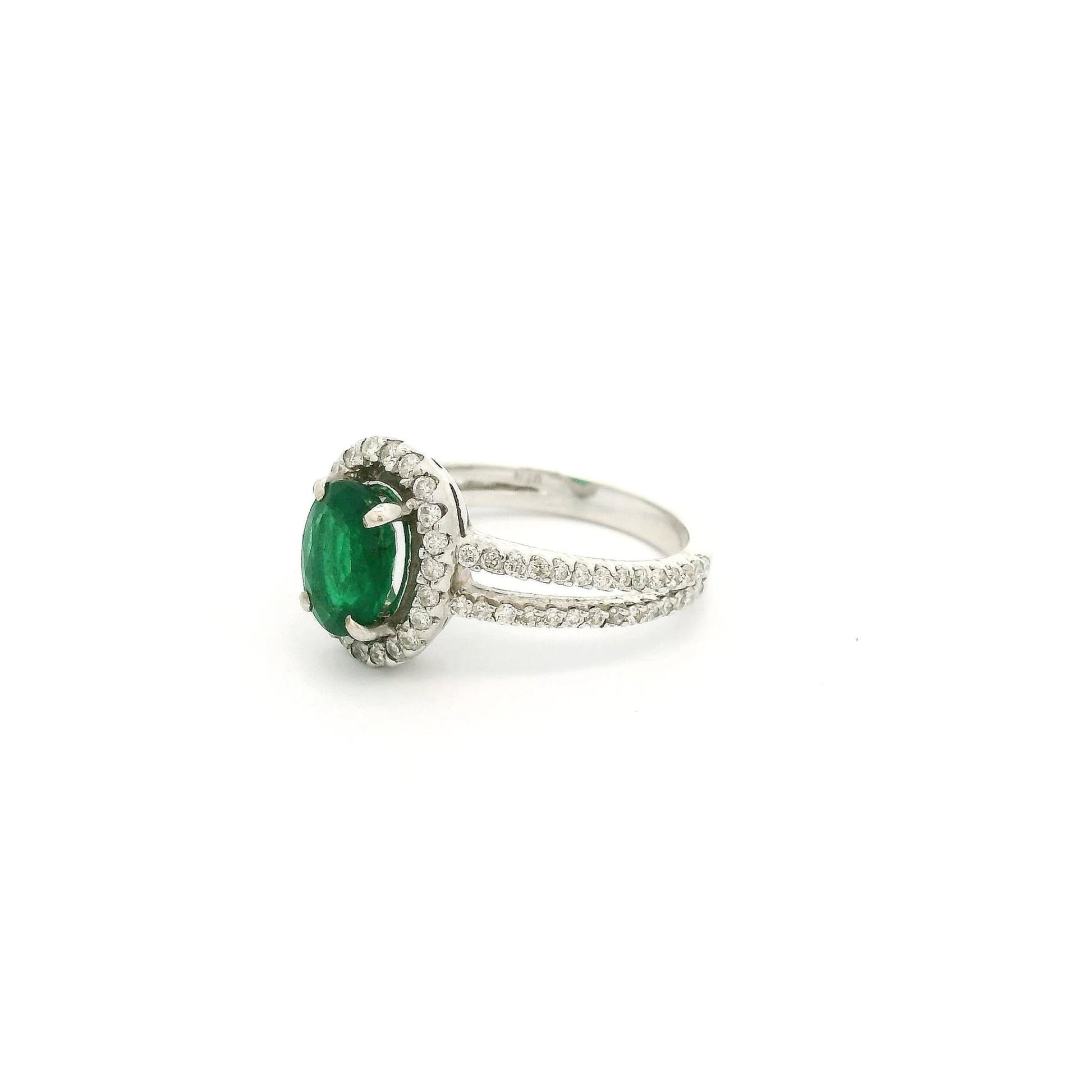 Oval Cut Emerald Ring With Diamond Halo & Diamonds Down Split Shank - Forever Rox Fine Jewelry