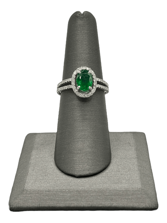 Oval Cut Emerald Ring With Diamond Halo & Diamonds Down Split Shank - Forever Rox
