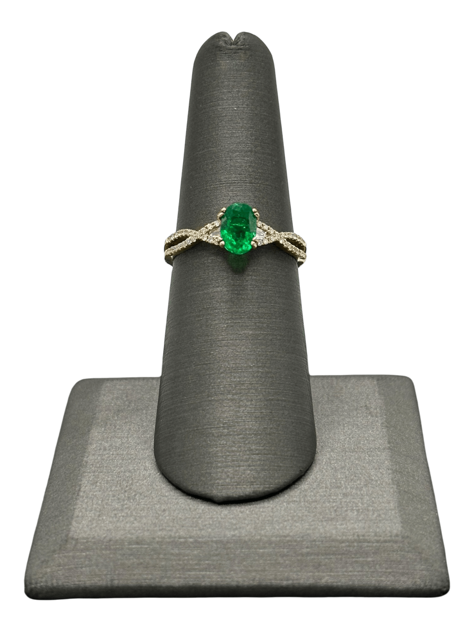 Oval Cut Emerald Ring With Two Tapered Baguettes & Diamond Down Crossover Split Shank - Forever Rox