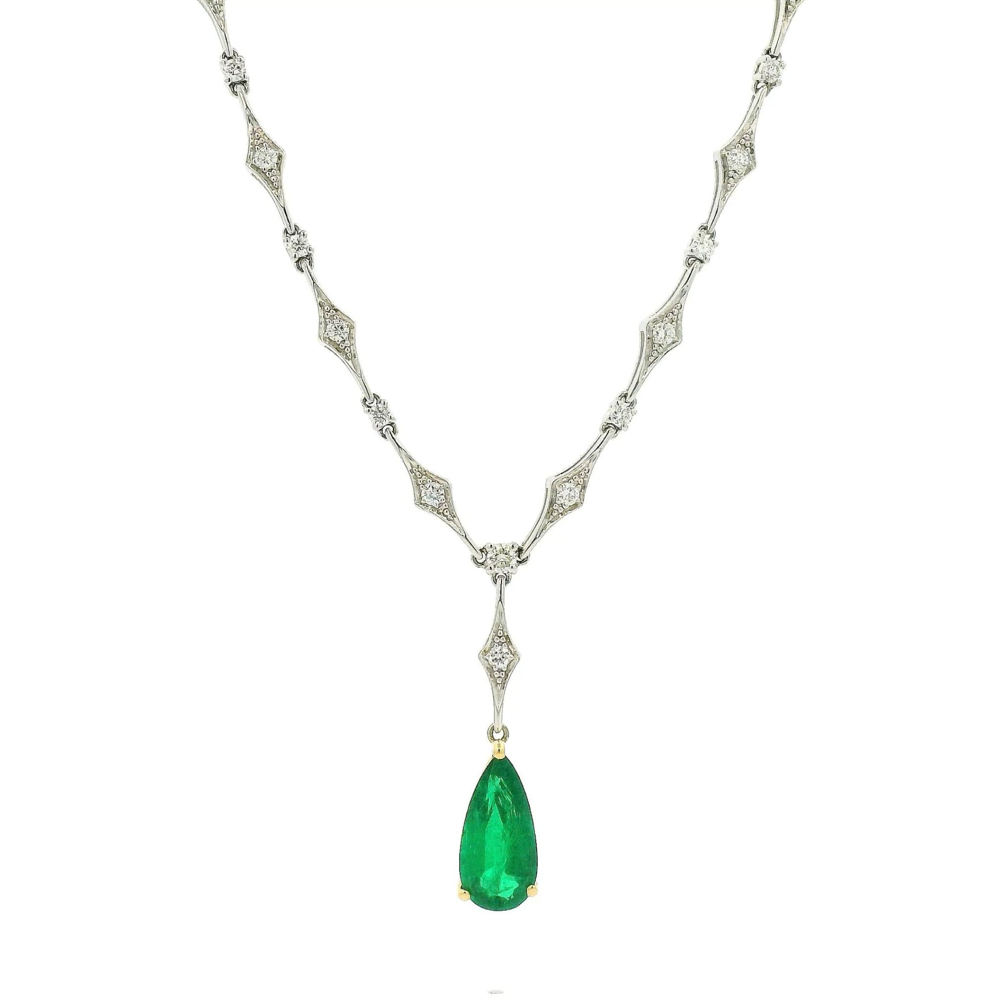 Pear Shape Emerald Dangle & Diamond Necklace - Forever Rox