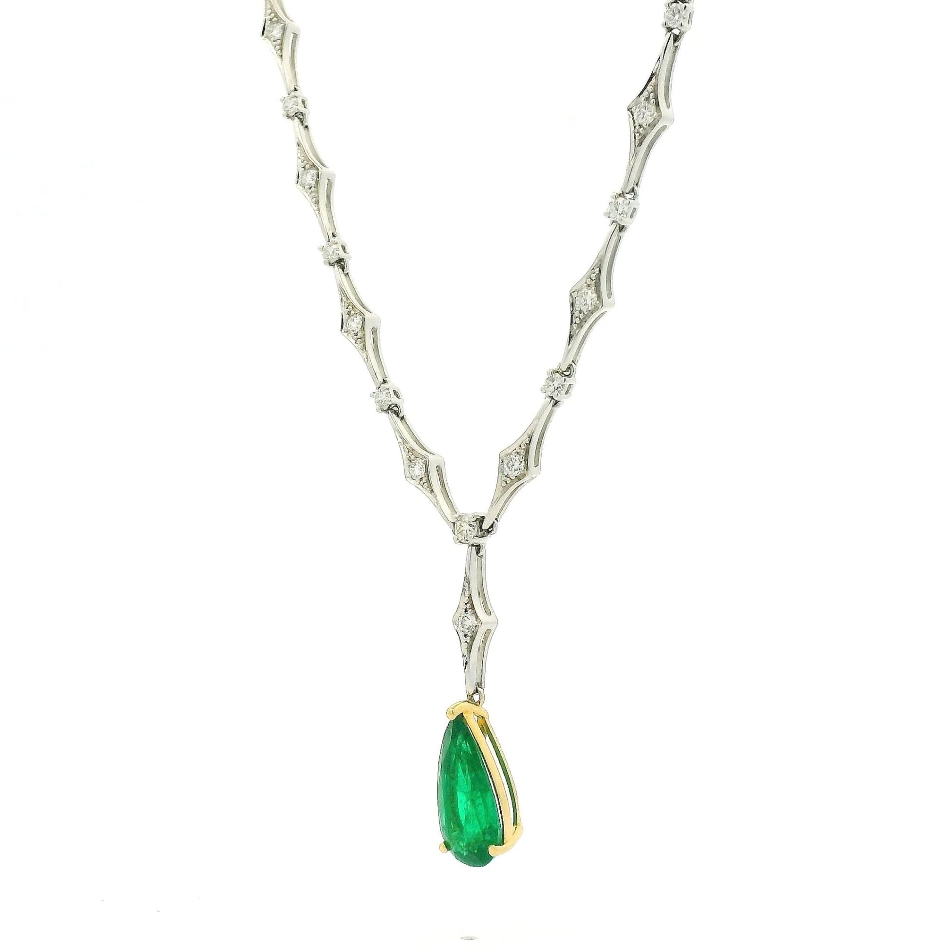 Pear Shape Emerald Dangle & Diamond Necklace - Forever Rox