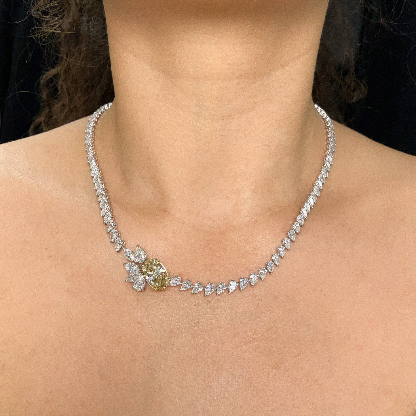 Pearshape Diamond Cluster Tennis Necklace with 3.48ct GIA Certified Fancy Brownish Yellow VS2 Oval Diamond Center, 18k - Forever Rox