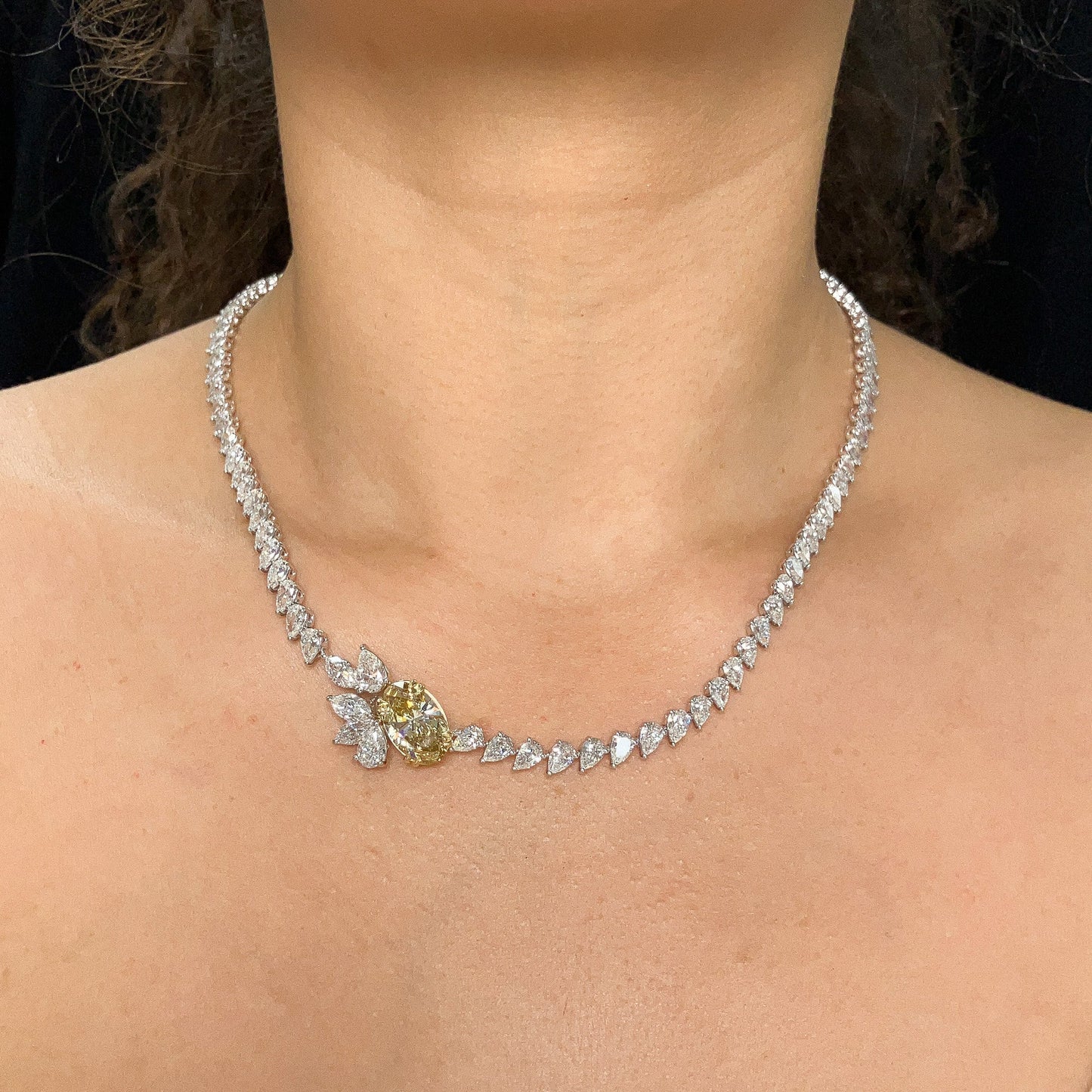 Pearshape Diamond Cluster Tennis Necklace with 3.48ct GIA Certified Fancy Brownish Yellow VS2 Oval Diamond Center, 18k - Forever Rox