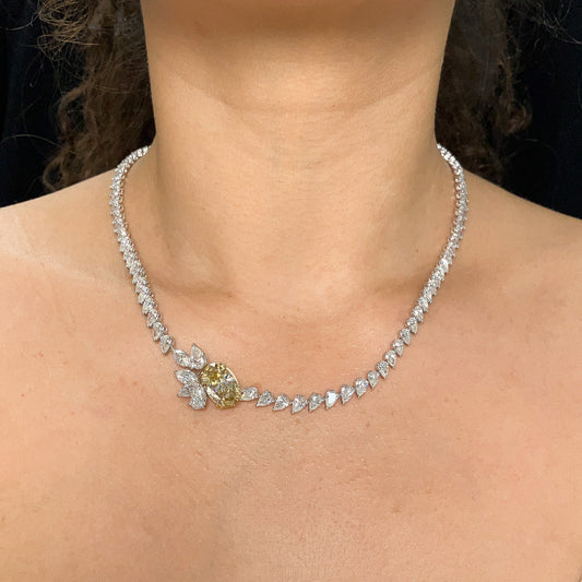 Pearshape Diamond Cluster Tennis Necklace with 3.48ct GIA Certified Fancy Brownish Yellow VS2 Oval Diamond Center, 18k - Forever Rox