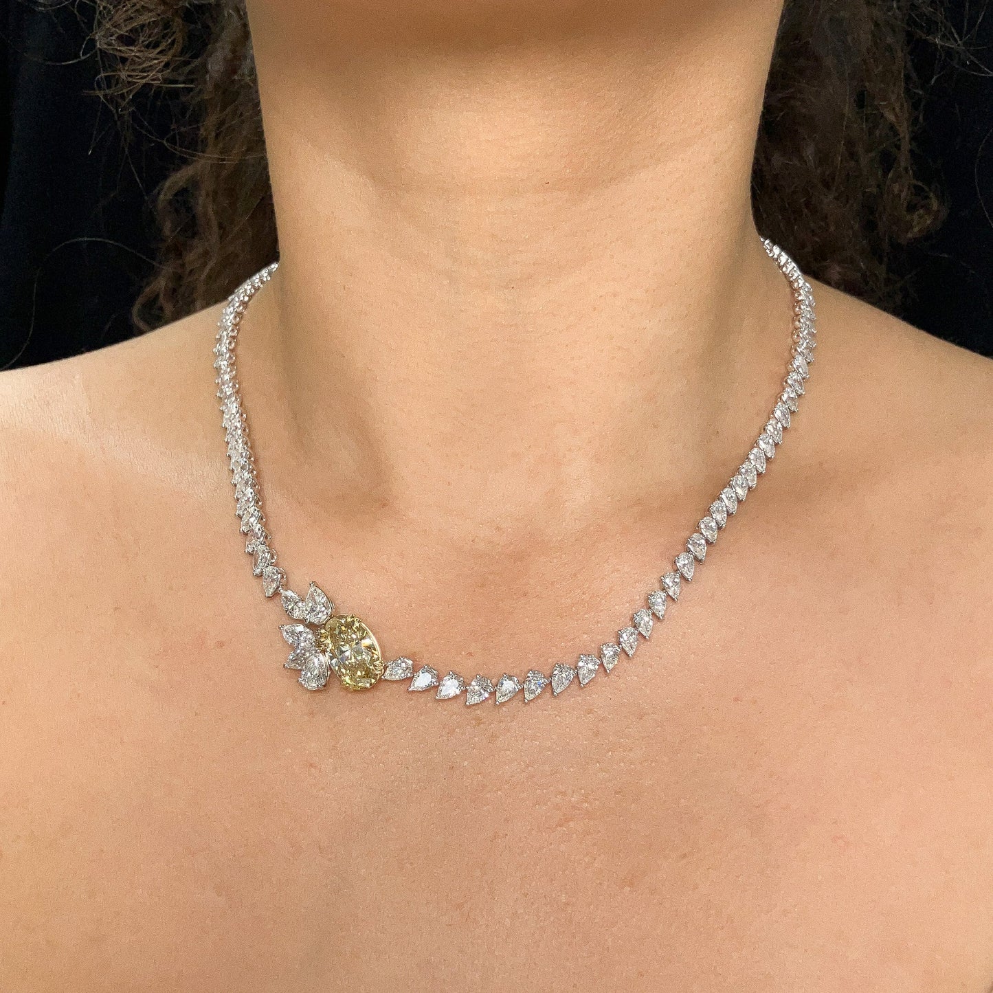 Pearshape Diamond Cluster Tennis Necklace with 3.48ct GIA Certified Fancy Brownish Yellow VS2 Oval Diamond Center, 18k - Forever Rox