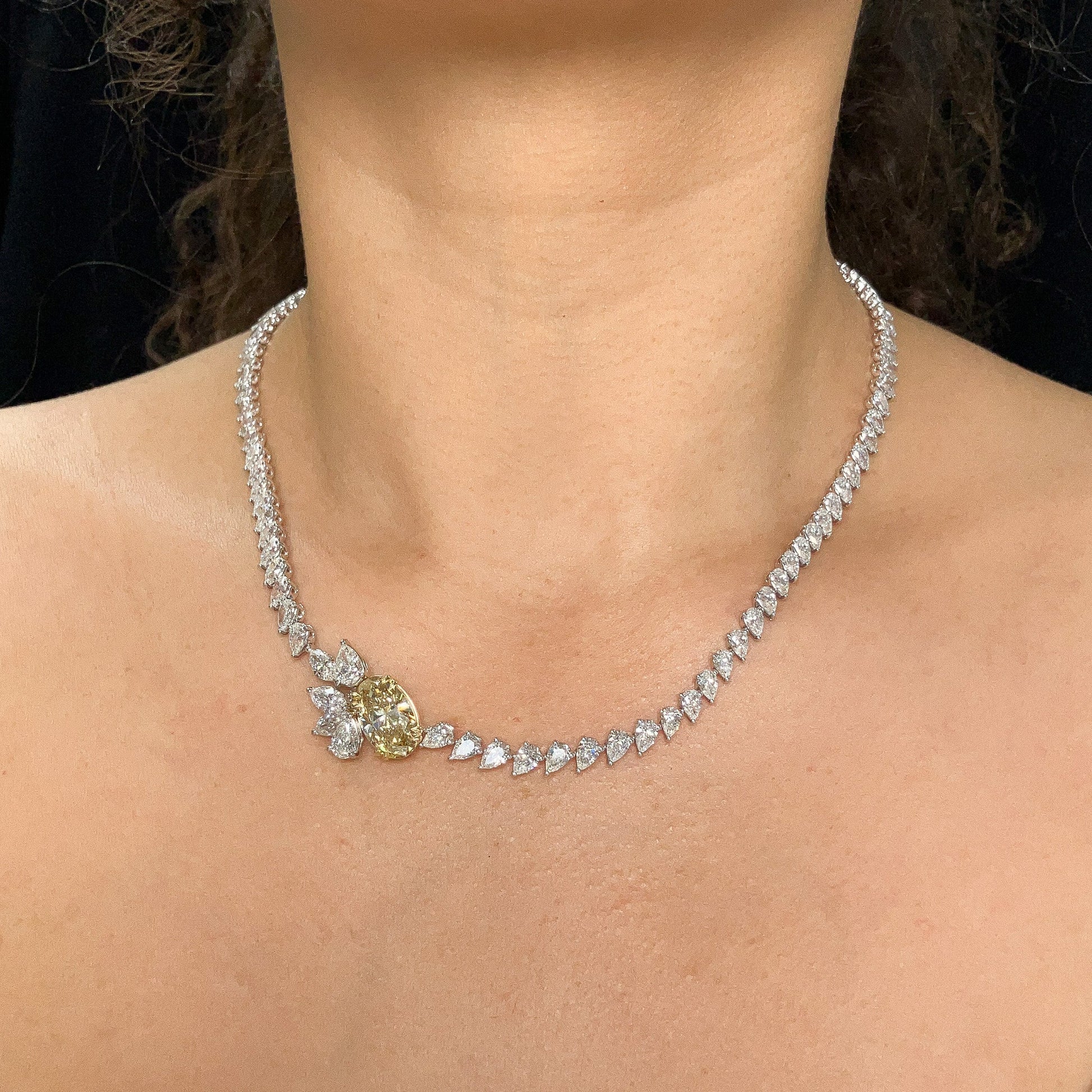 Pearshape Diamond Cluster Tennis Necklace with 3.48ct GIA Certified Fancy Brownish Yellow VS2 Oval Diamond Center, 18k - Forever Rox