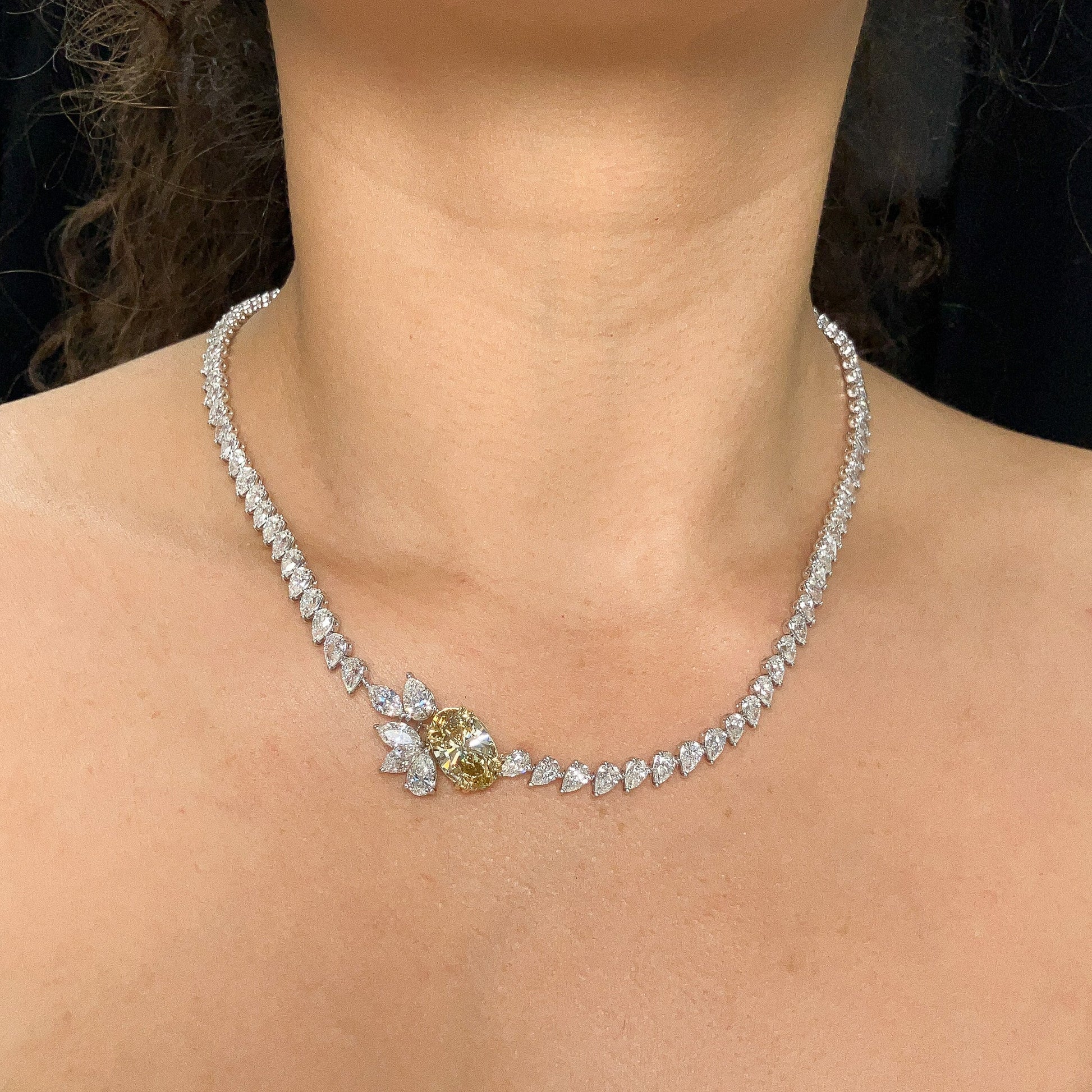 Pearshape Diamond Cluster Tennis Necklace with 3.48ct GIA Certified Fancy Brownish Yellow VS2 Oval Diamond Center, 18k - Forever Rox