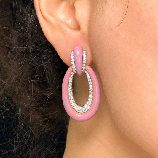 Pink Enamel Long Hoop Earrings with Diamonds by David Webb, 18k & Platinum - Forever Rox Fine Jewelry
