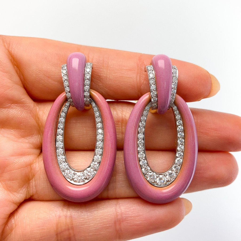 Pink Enamel Long Hoop Earrings with Diamonds by David Webb, 18k & Platinum - Forever Rox Fine Jewelry