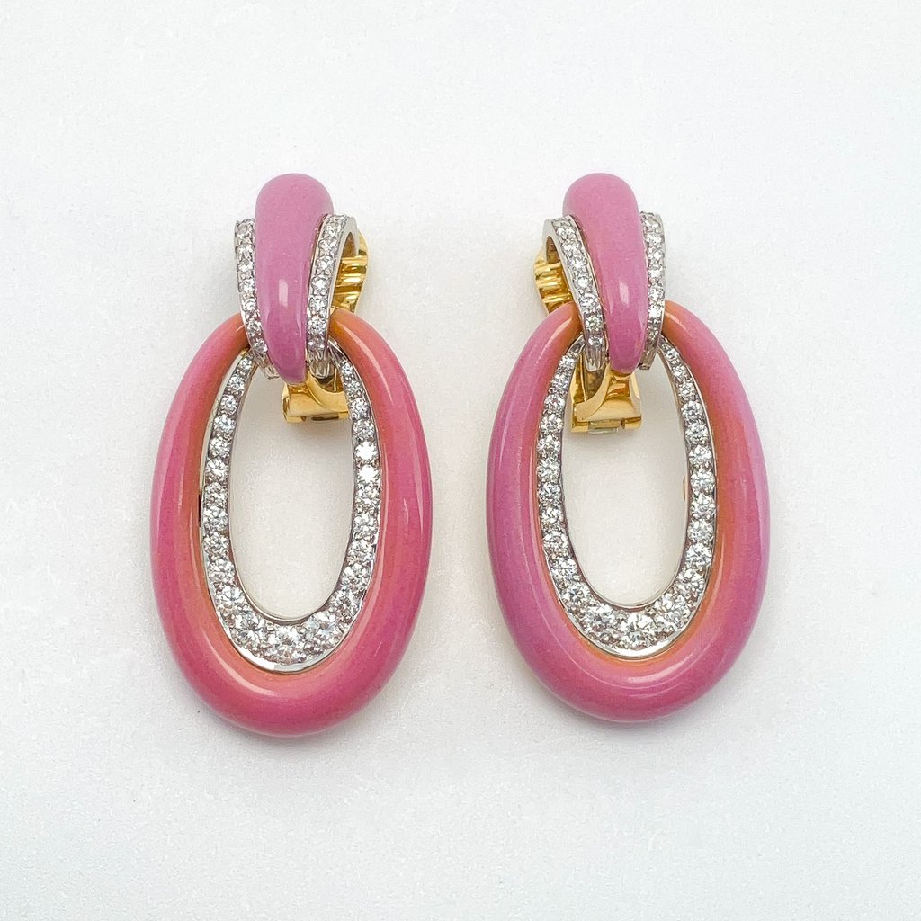 Pink Enamel Long Hoop Earrings with Diamonds by David Webb, 18k & Platinum - Forever Rox Fine Jewelry