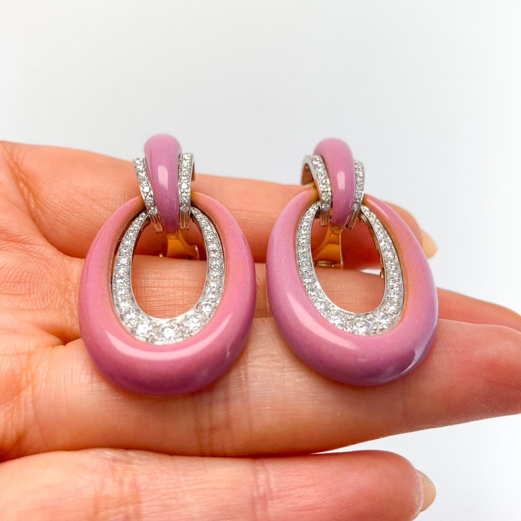 Pink Enamel Long Hoop Earrings with Diamonds by David Webb, 18k & Platinum - Forever Rox Fine Jewelry