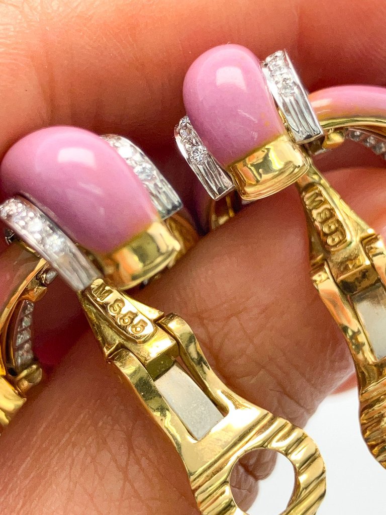 Pink Enamel Long Hoop Earrings with Diamonds by David Webb, 18k & Platinum - Forever Rox Fine Jewelry