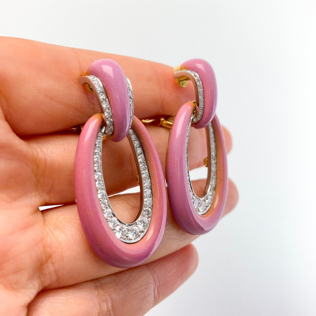 Pink Enamel Long Hoop Earrings with Diamonds by David Webb, 18k & Platinum - Forever Rox Fine Jewelry