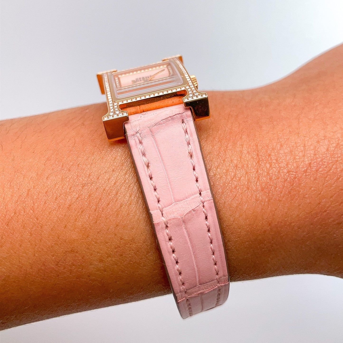 Pink Mini Heure H Diamond Bezel Watch by Hermes, 18k - Forever Rox