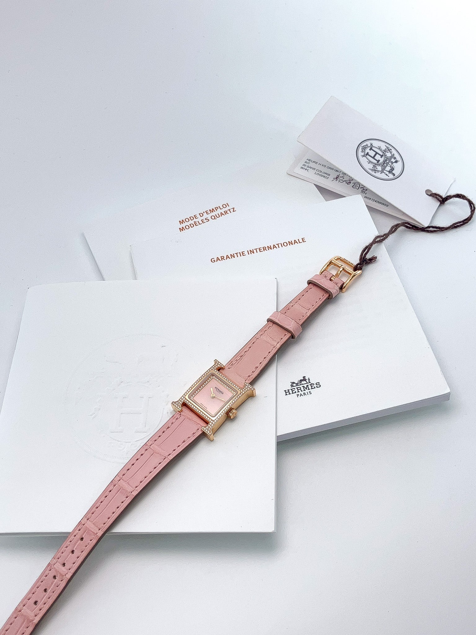 Pink Mini Heure H Diamond Bezel Watch by Hermes, 18k - Forever Rox