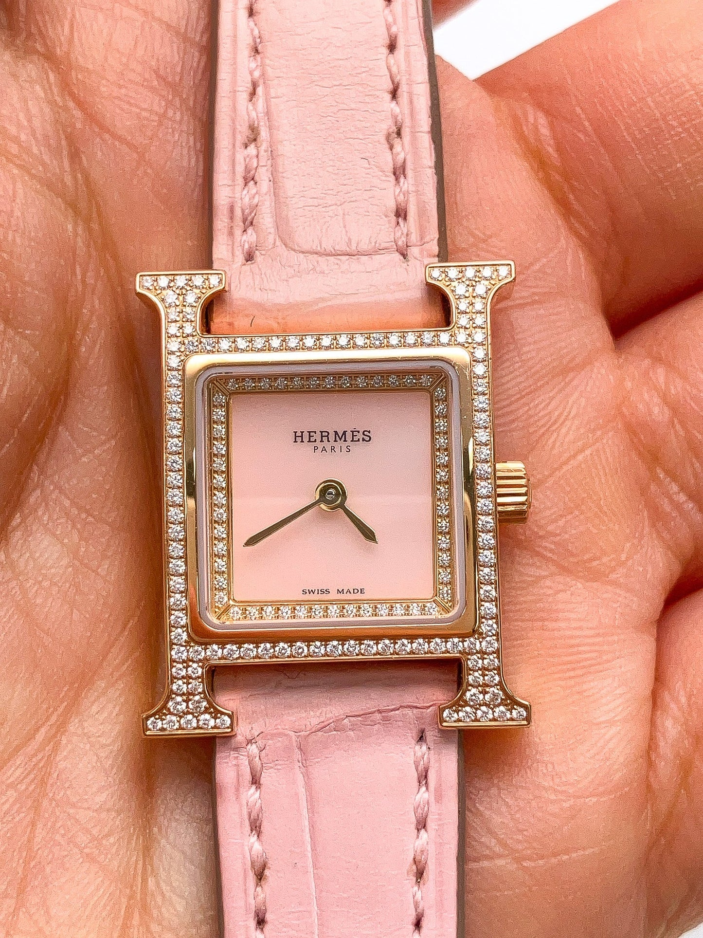 Pink Mini Heure H Diamond Bezel Watch by Hermes, 18k - Forever Rox