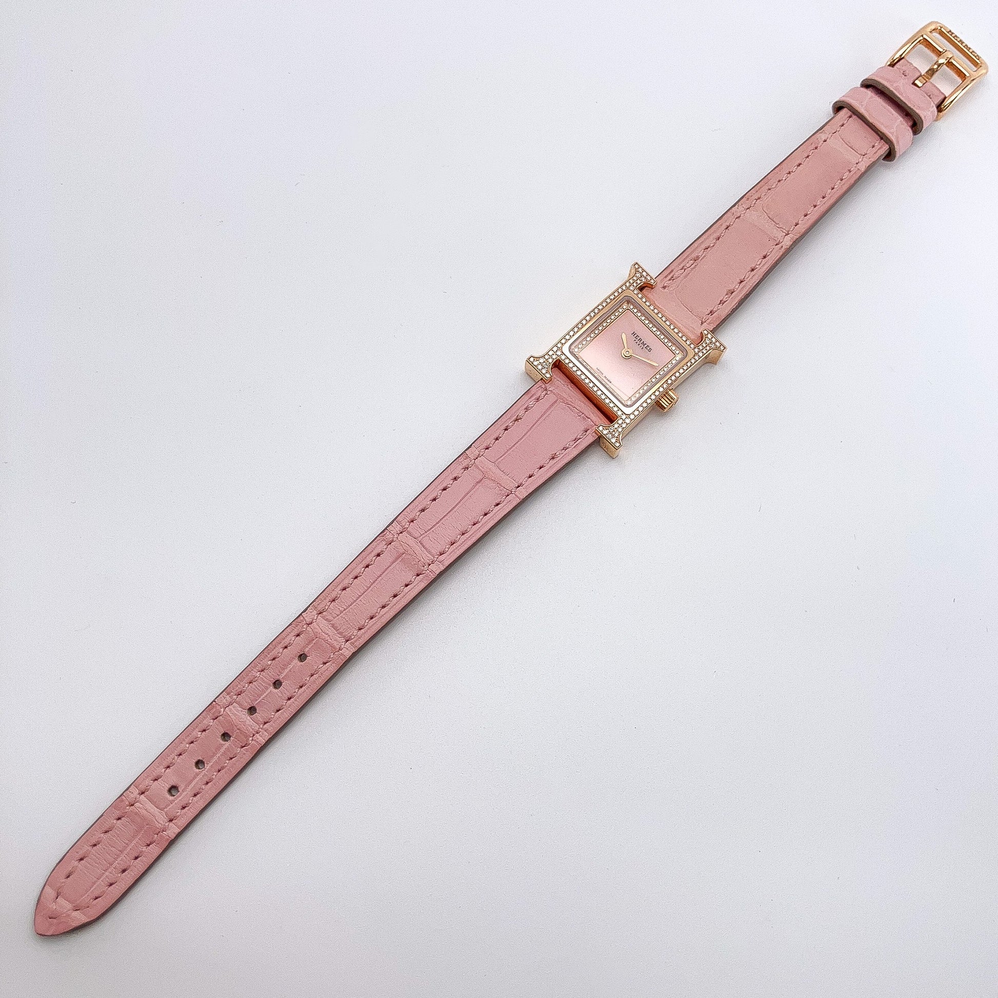 Pink Mini Heure H Diamond Bezel Watch by Hermes, 18k - Forever Rox