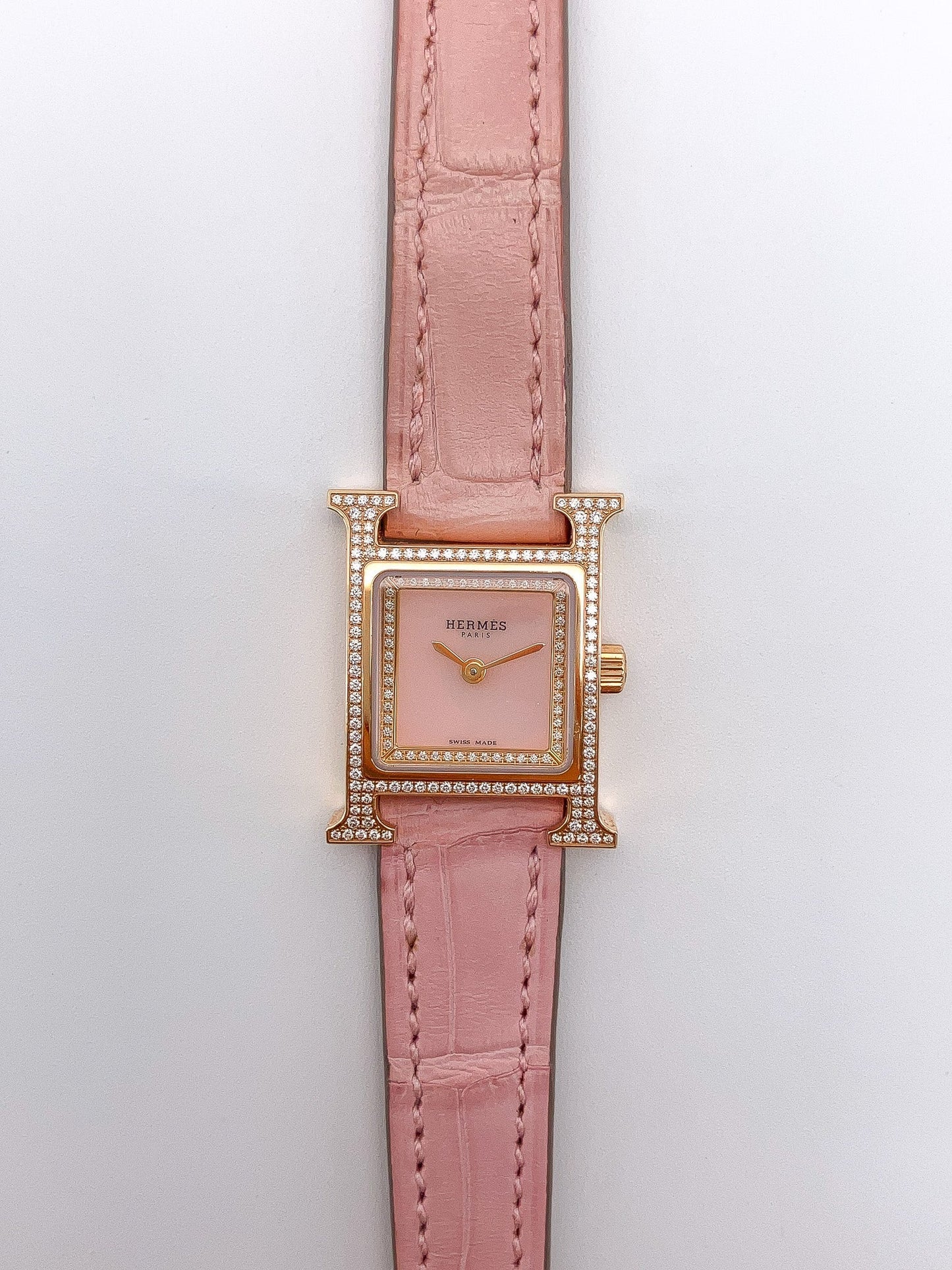 Pink Mini Heure H Diamond Bezel Watch by Hermes, 18k - Forever Rox