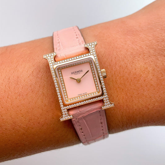 Pink Mini Heure H Diamond Bezel Watch by Hermes, 18k - Forever Rox