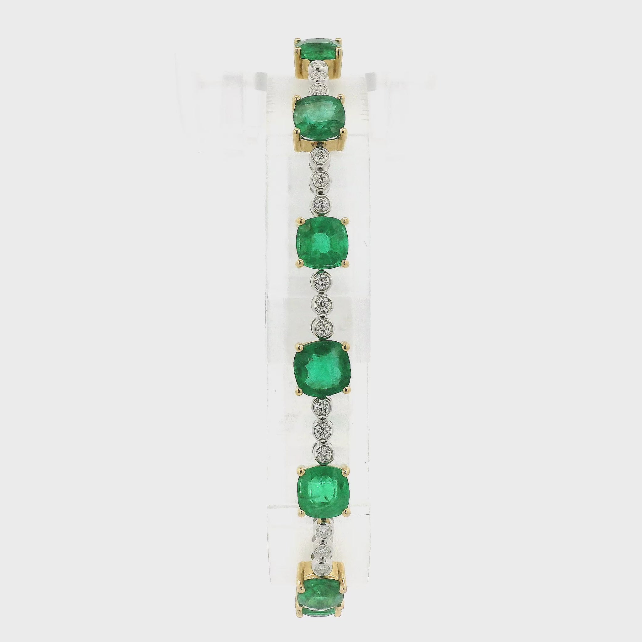 A Yellow Gold Tennis Bracelet with prong set cushion cut natural Emeralds alternating after every 3 natural bezel set diamonds at Forever Rox Fine Jewelry, Lake Tahoes Best Jewelry Store
