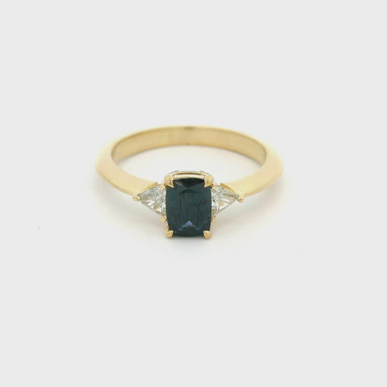 Yellow Gold Ring With Blue Montana Sapphire & Trillion Cut Diamonds at Forever Rox Fine Jewelry 