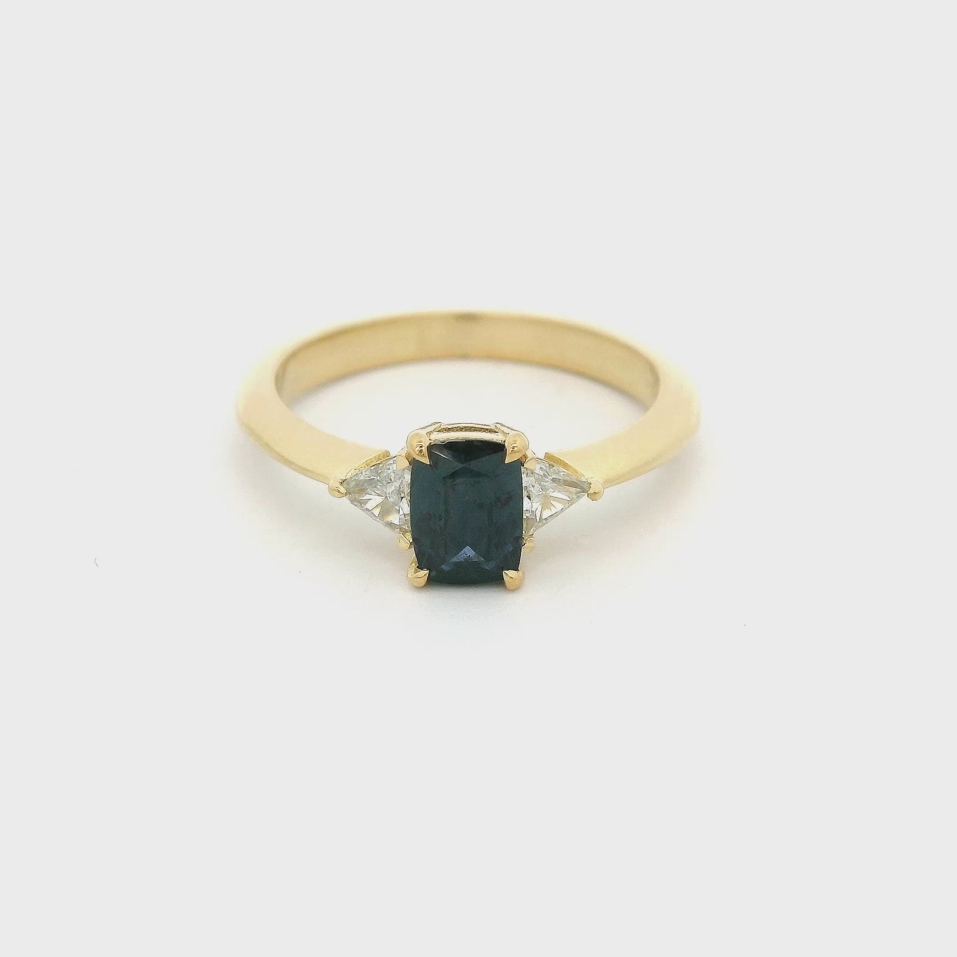 Yellow Gold Ring With Blue Montana Sapphire & Trillion Cut Diamonds at Forever Rox Fine Jewelry 