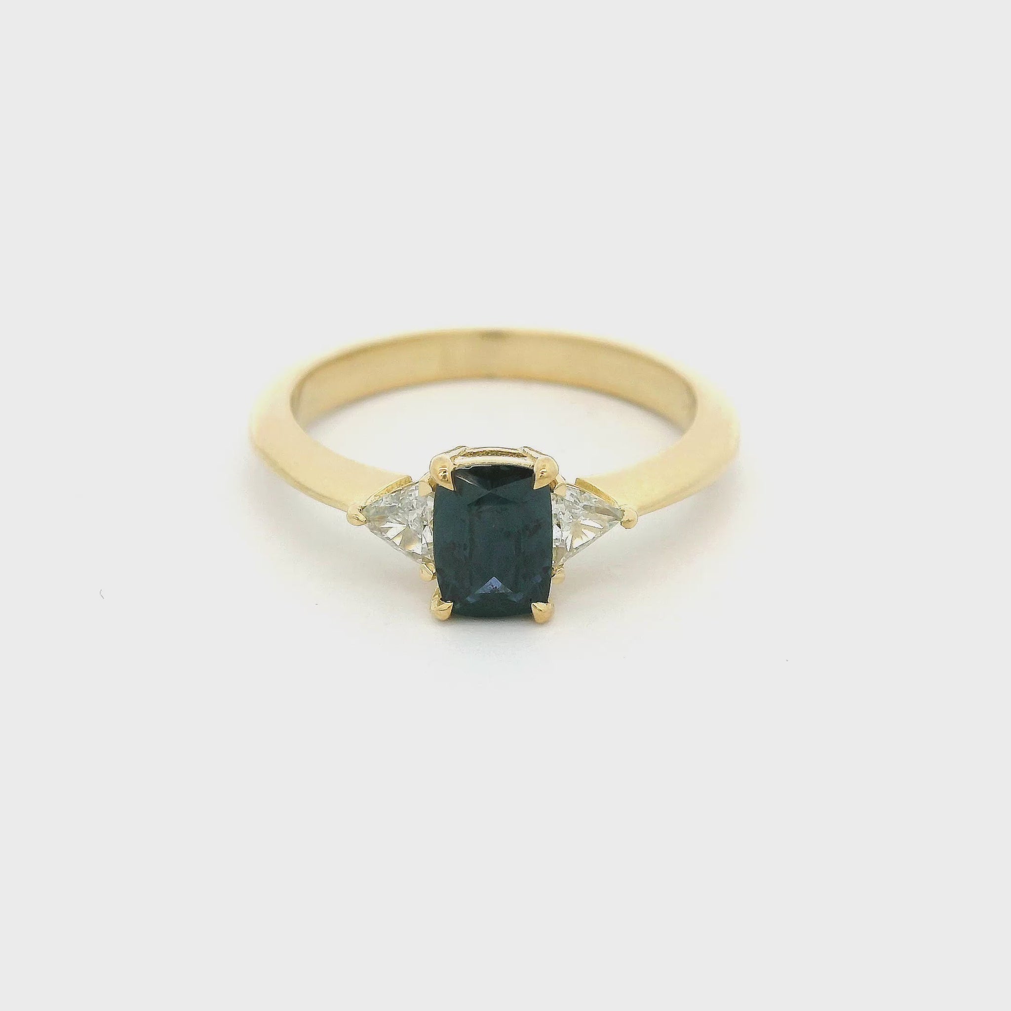 Yellow Gold Ring With Blue Montana Sapphire & Trillion Cut Diamonds at Forever Rox Fine Jewelry 