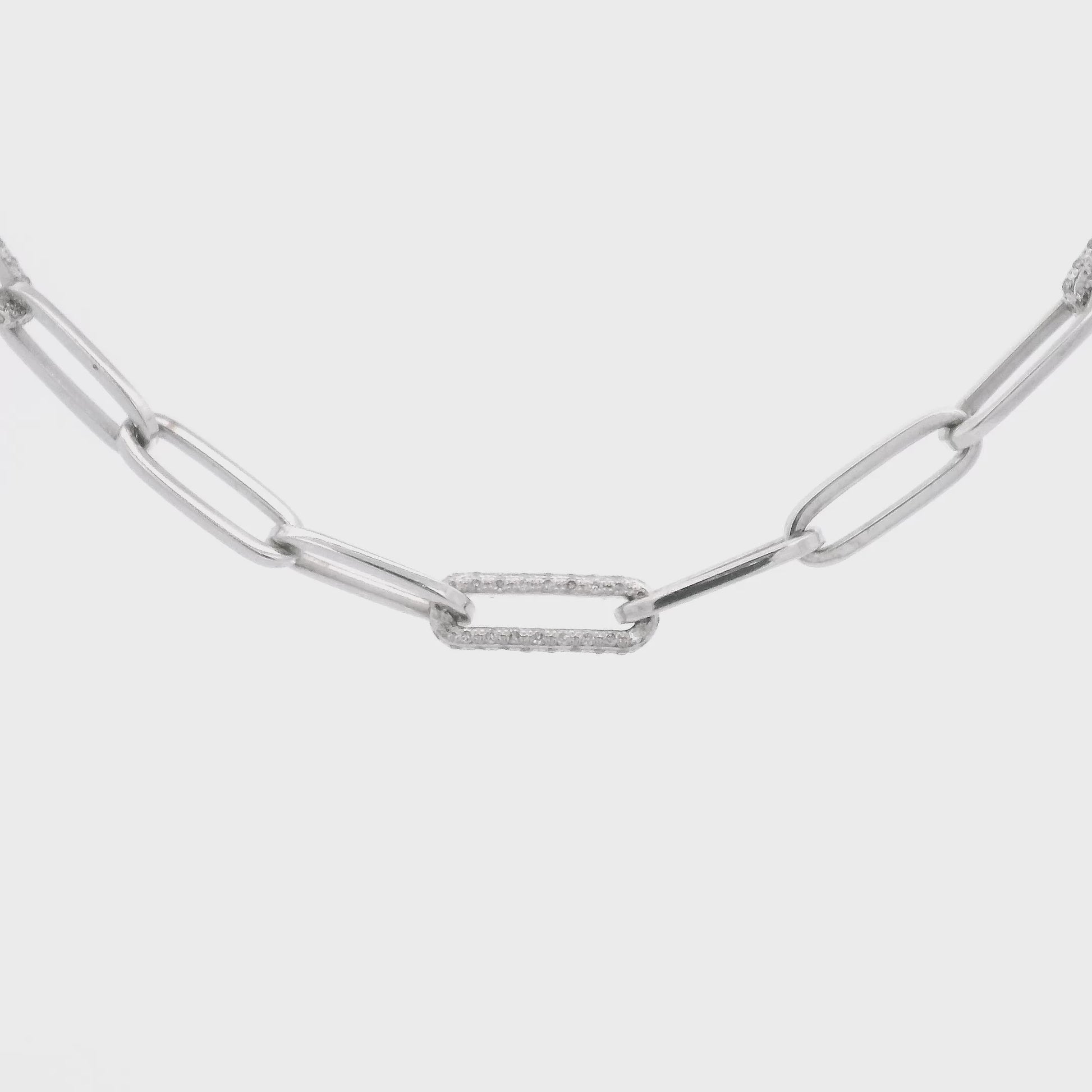 A White Gold Paperclip Necklace with three links with natural Diamonds set in them at Forever Rox Fine Jewelry, Lake Tahoes Best Jewelry Store