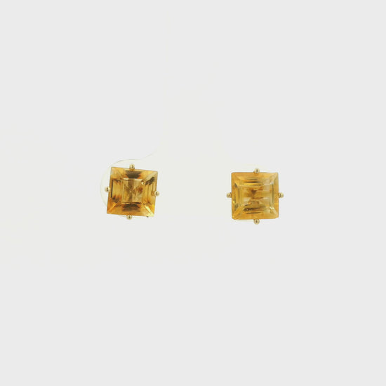 A Pair of Yellow Gold Stud Earrings with prong set princess cut natural Citrine at Forever Rox Fine Jewelry, Lake Tahoes Best Jewelry Store
