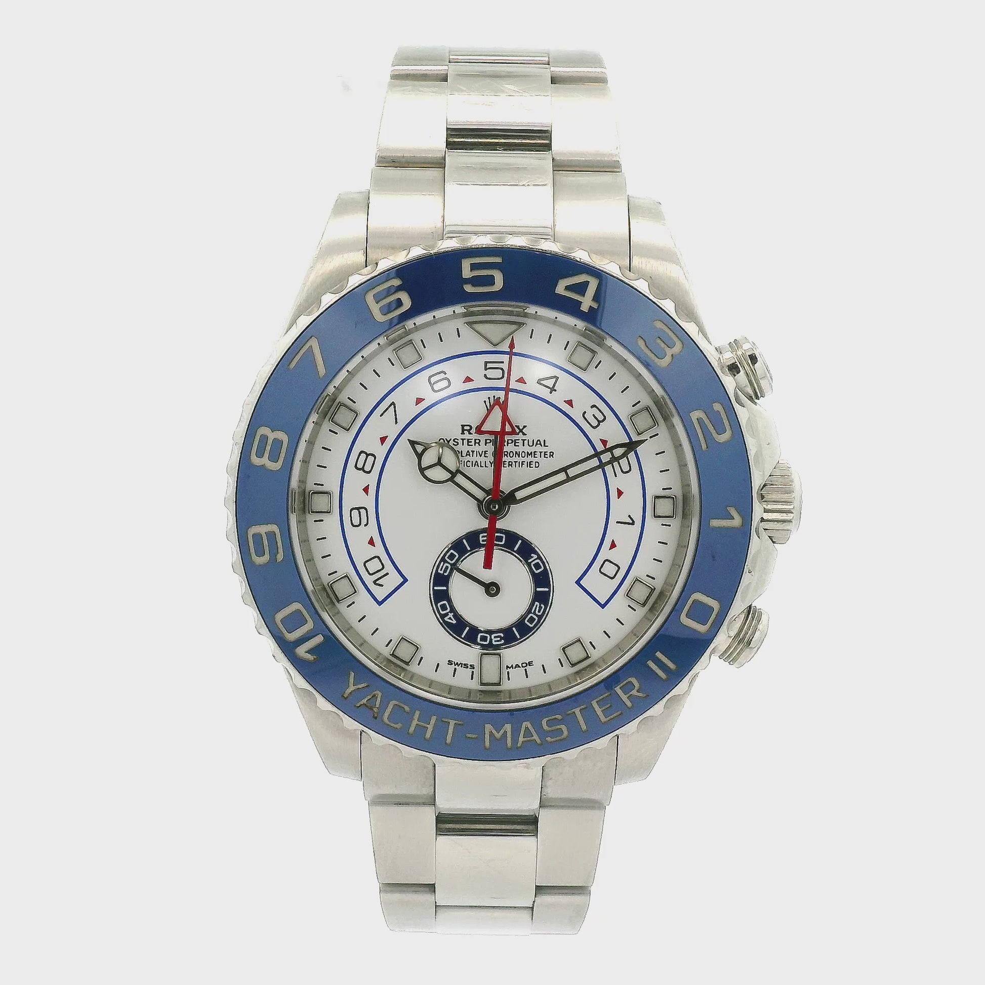 A Good Condition 2018 Rolex Yacht-Master II 44mm White Dial Blue Bezel Mercedes Hands at Forever Rox Fine Jewelry, Lake tahoes Best Jewelry Store