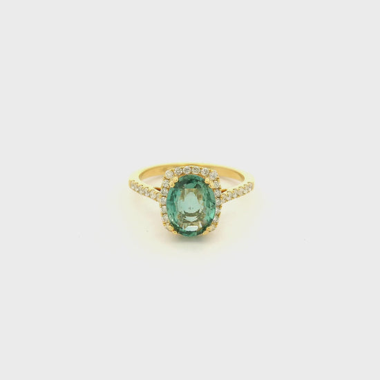 A Yellow Gold Ring with a double prong set oval cut natural certified Alexandrite in the center with a halo of diamonds and diamonds down shank at Forever Rox Fine Jewelry, Lake Tahoes Best Jewelry Store
