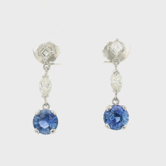 Blue Ceylon Sapphires Dangling from Square Emerald Cut Diamonds and Marquise Cut Diamonds earrings Forever Rox Fine Jewelry 