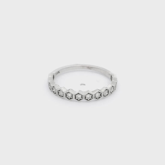 A White Gold Band with hexagon bezel set diamonds at Forever Rox Fine Jewelry, Lake Tahoes Best Jewelry Store