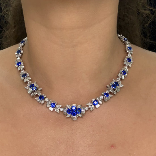 A vintage sapphire and diamond necklace that looks like each link is part of a flower at Forever Rox Fine Jewelry