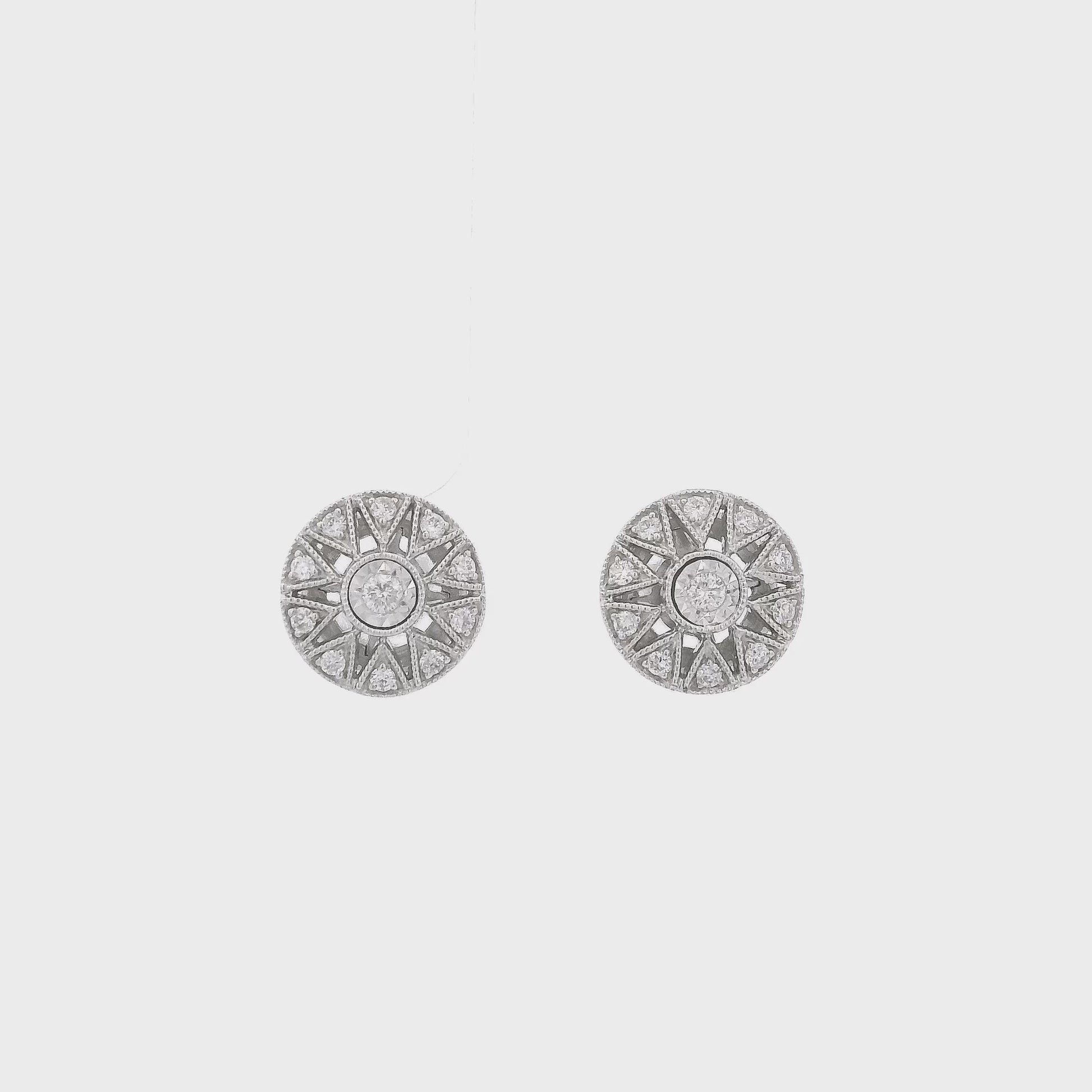 A Pair of White Gold Art Deco Style Stud Earrings with bezel set natural Diamond in the center with diamond accents at Forever Rox Fine Jewelry, Lake Tahoes Best Jewelry Store