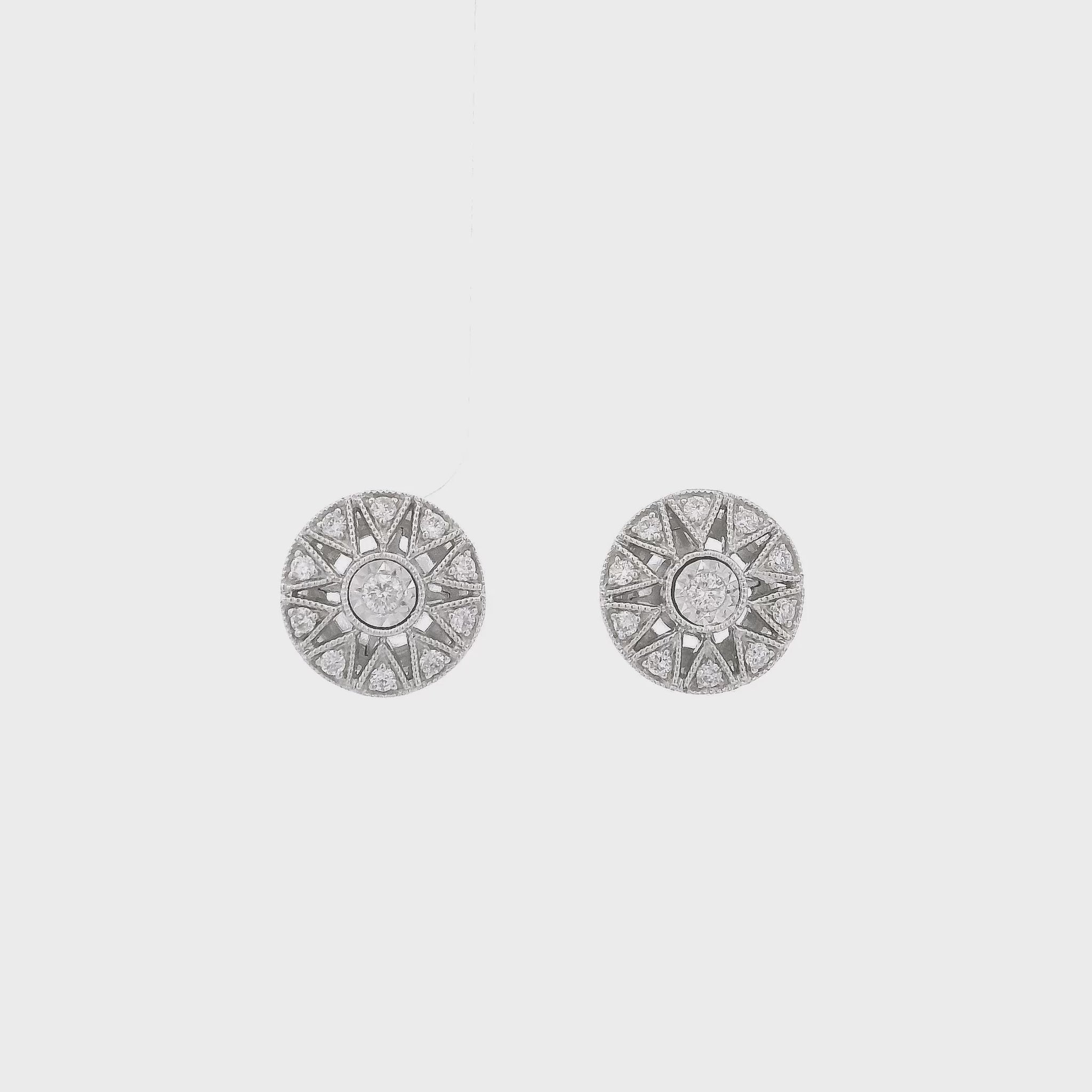 A Pair of White Gold Art Deco Style Stud Earrings with bezel set natural Diamond in the center with diamond accents at Forever Rox Fine Jewelry, Lake Tahoes Best Jewelry Store