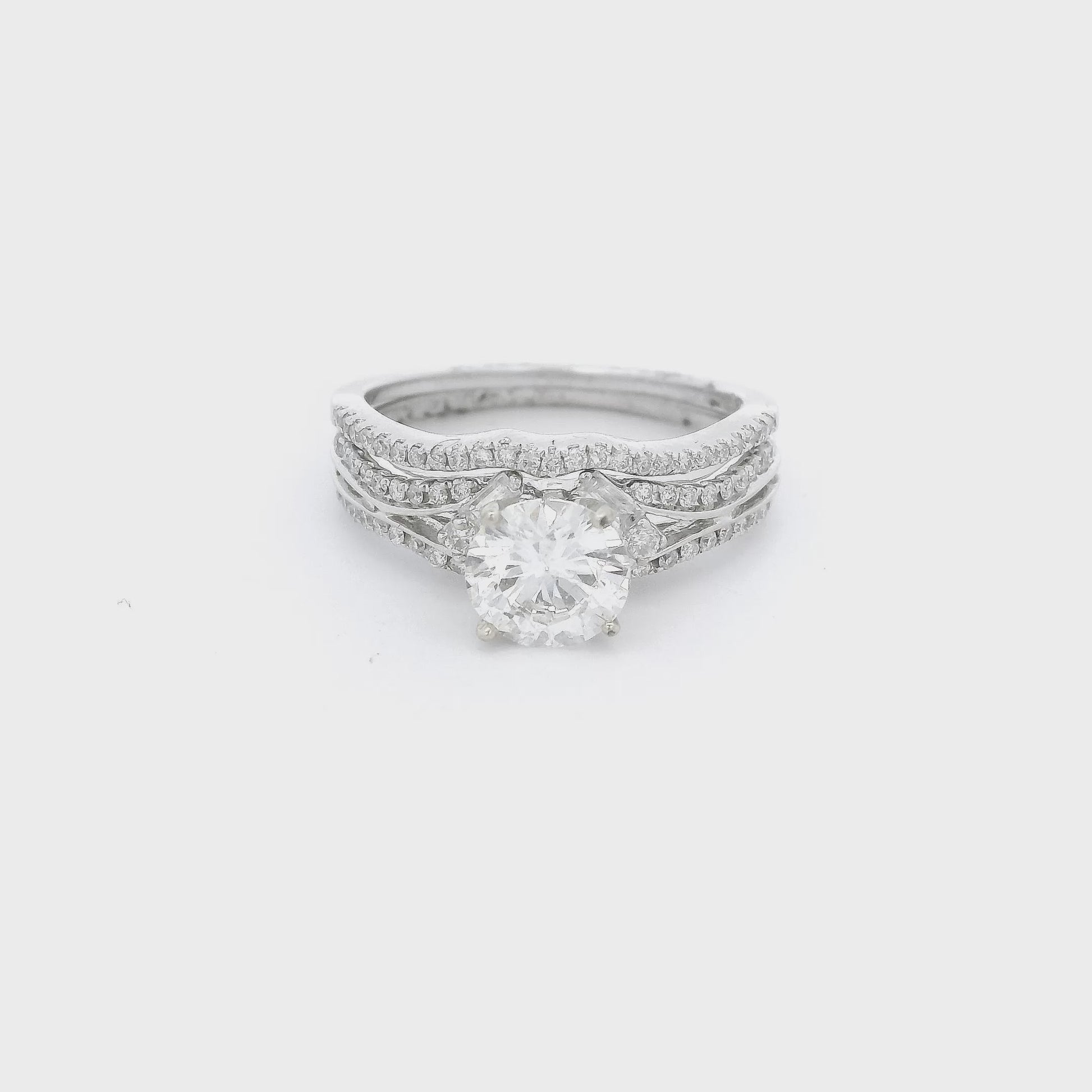 White gold ring with round cut diamonds & Baguette cut diamonds with a matching band at Forever Rox Fine Jewelry