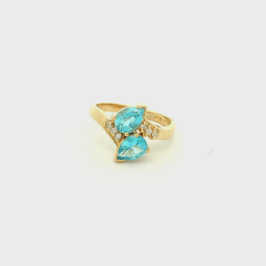 A Yellow Gold Ring with two pear cut natural Topaz with diamonds at Forever Rox Fine Jewelry, Lake Tahoes Best Jewelry Store