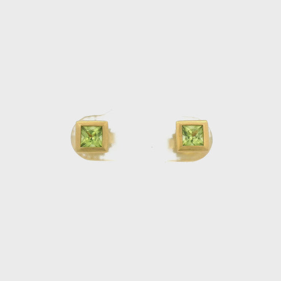 A Pair of Yellow Gold Stud Earrings with bezel set princess cut natural Peridot in the center at Forever Rox Fine Jewelry, Lake Tahoes Best Jewelry Store