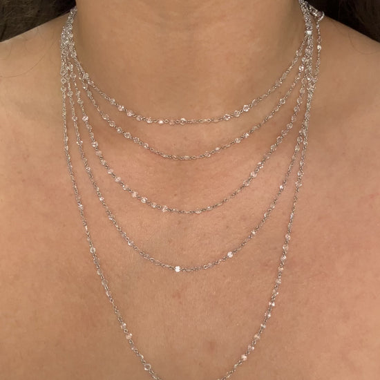 A White Gold Necklace that is 84" long with pierced rose cut natural Diamondsall along the chain at Forever Rox Fine Jewelry, Lake Tahoes Best Jewelry Store