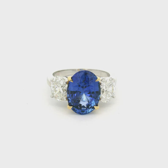 Ring with Oval Cut GIA Certified Ceylon Sapphire and Two Oval Cut Diamonds set in white and yellow gold at Forever Rox Jewelry