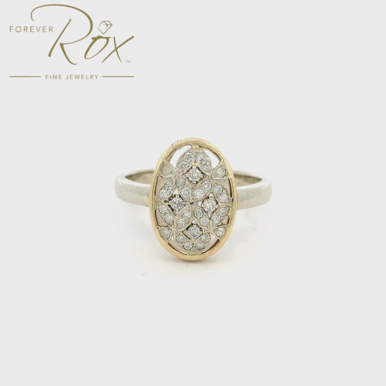 Custom Two Tone Ring with a vintage floral design in the center set with diamonds at Forever Rox Fine Jewlery