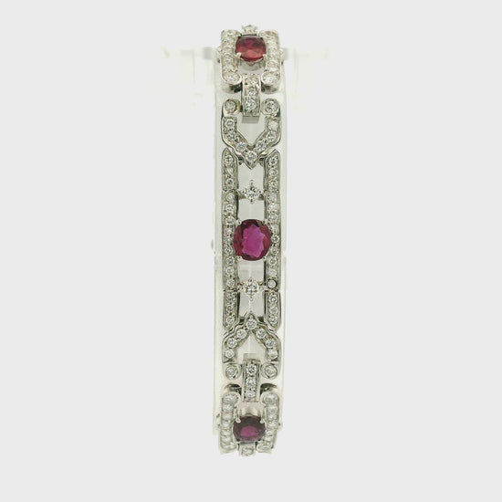 A White Gold Art Deco Bracelet with oval cut natural Rubies and diamonds at Forever Rox Fine Jewelry, Lake Tahoes Best Jewelry Store