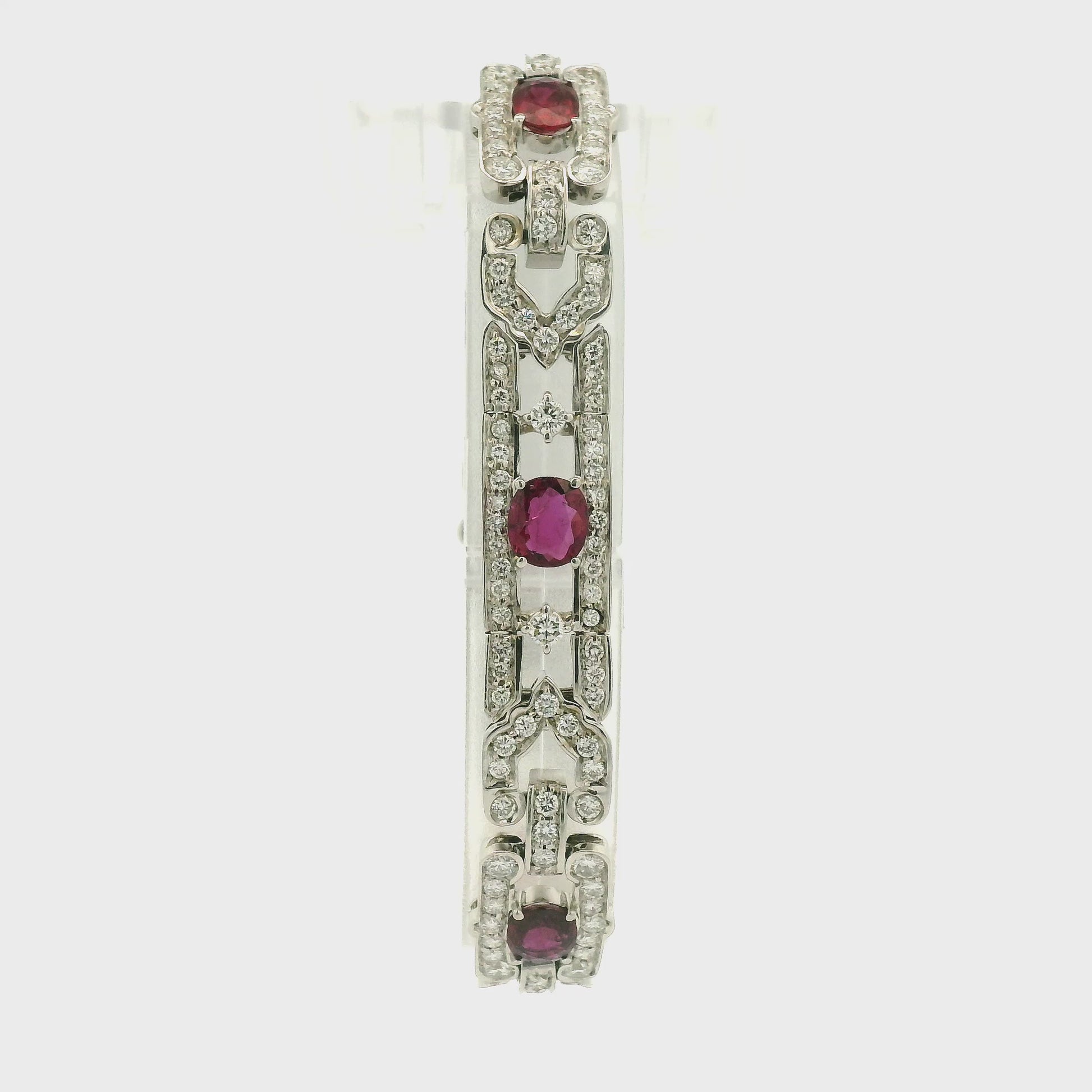 A White Gold Art Deco Bracelet with oval cut natural Rubies and diamonds at Forever Rox Fine Jewelry, Lake Tahoes Best Jewelry Store