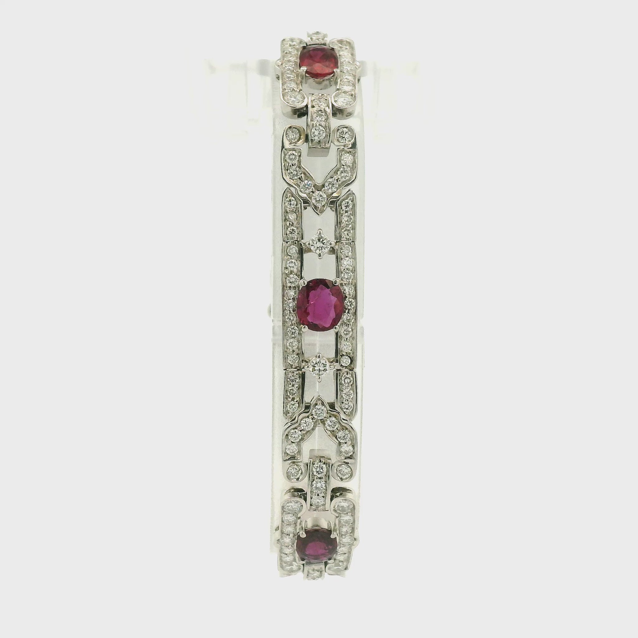 A White Gold Art Deco Bracelet with oval cut natural Rubies and diamonds at Forever Rox Fine Jewelry, Lake Tahoes Best Jewelry Store