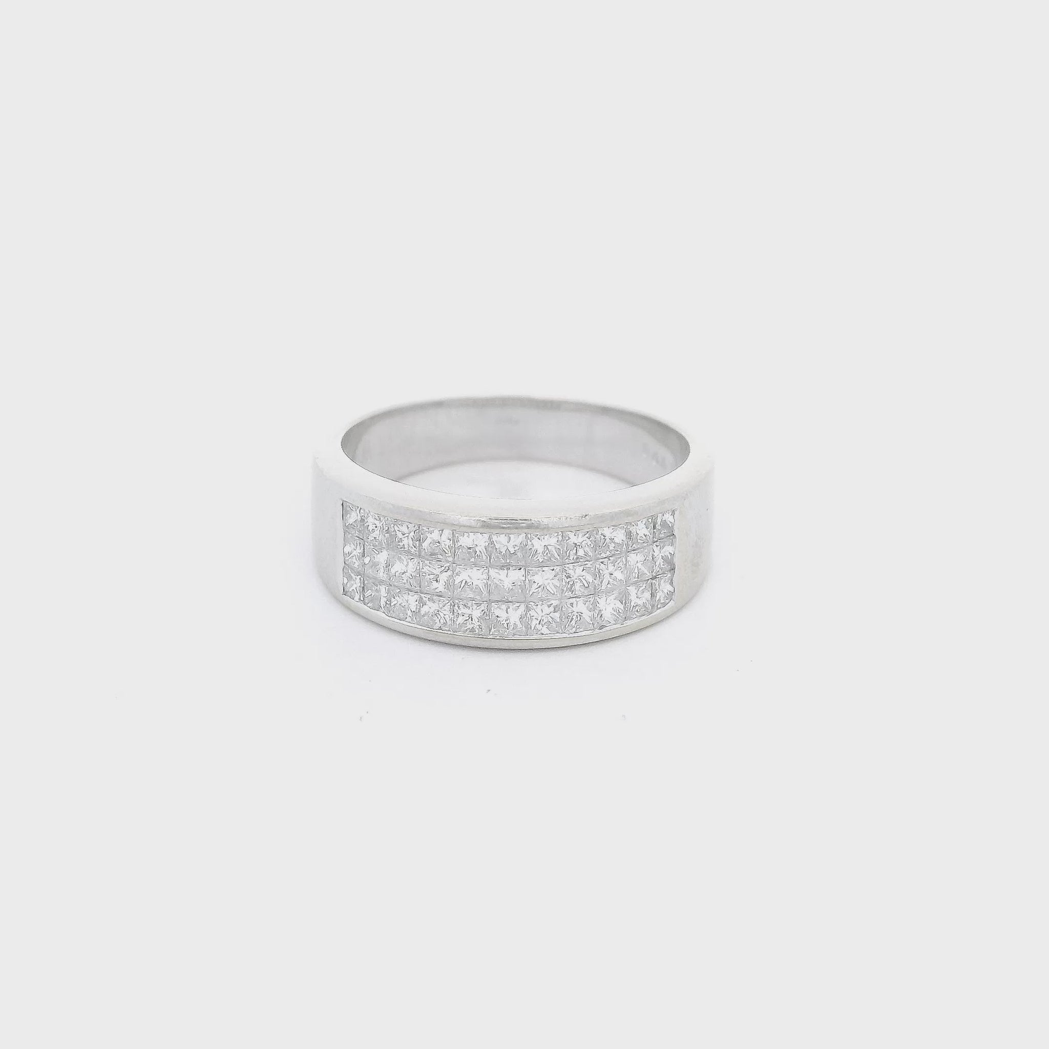 White Gold Band with three rows of invisible set princess cut diamonds at Forever Rox Fine Jewlery