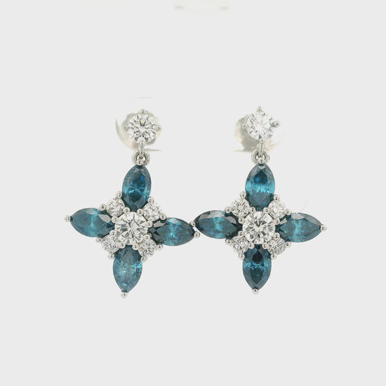 Irradiated Blue Marquise Cut Diamonds and Round Cut White Diamonds Set in White Gold Dangling From Round White Diamond Stud Earrings Forever Rox Fine Jewelry